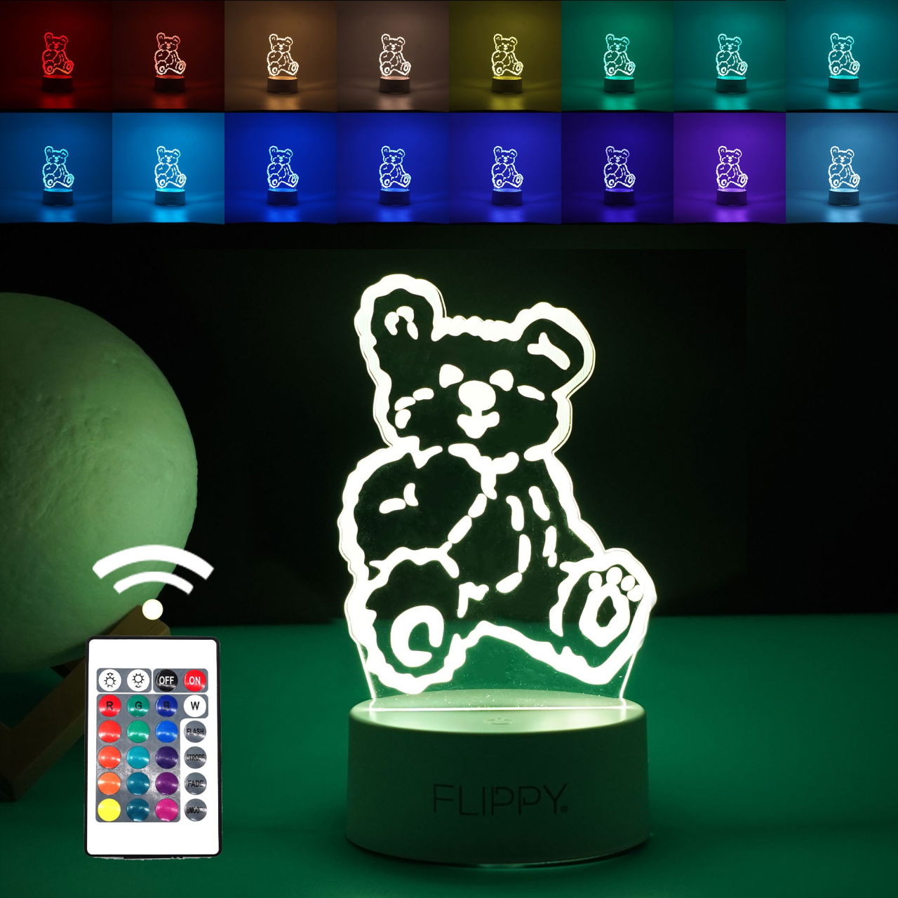 Lampa LED decorativa, Flippy, 3D, Ursulet, cu telecomanda, doua moduri de alimentare USB si baterii, 20 cm inaltime, din material acril si lumina multicolora, alb [1]