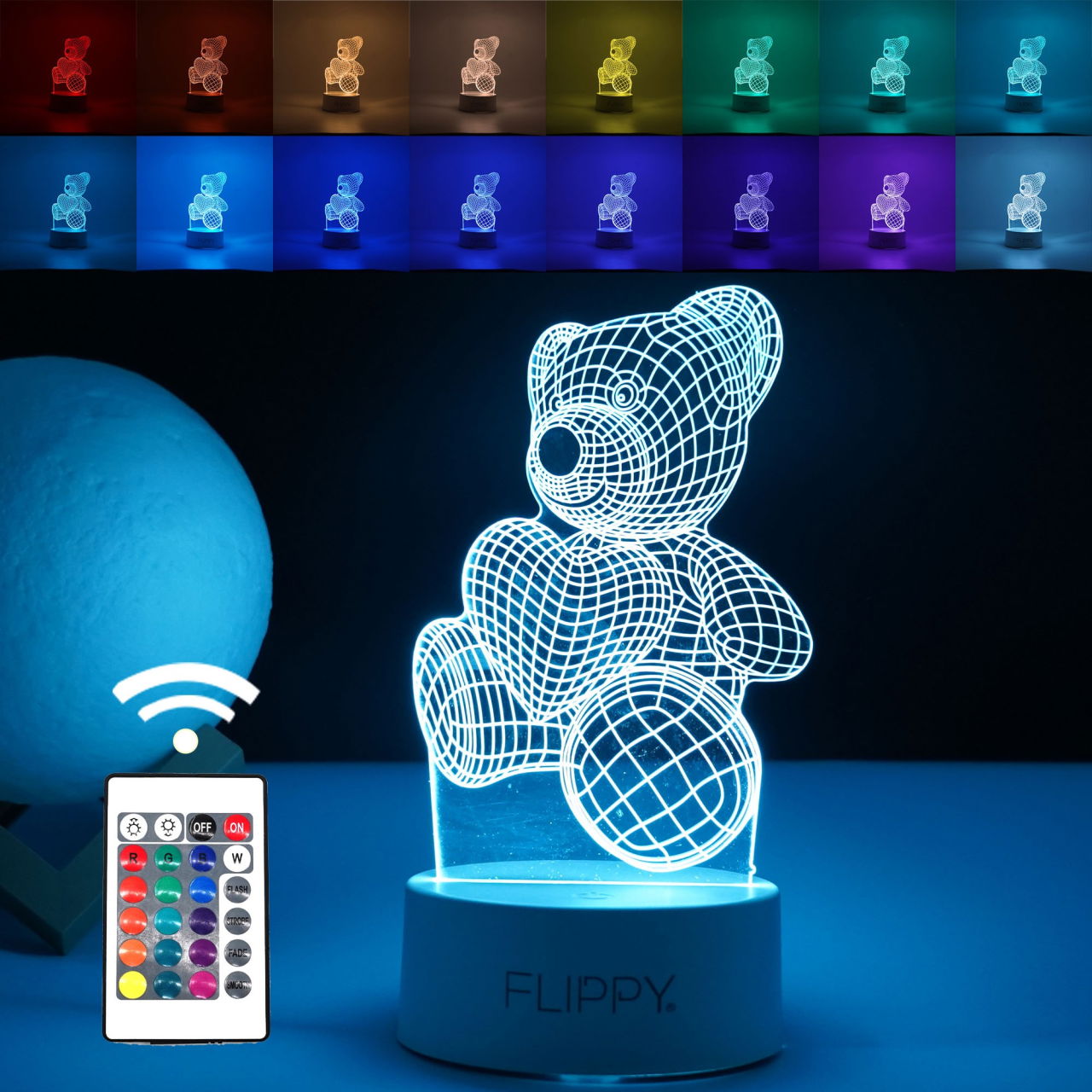 Lampa LED decorativa, Flippy, 3D, ursulet, din material acril si lumina multicolora, alb [1]