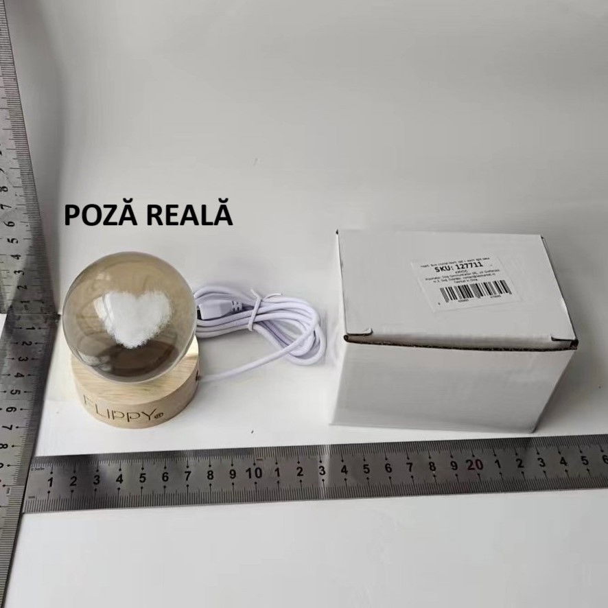 Lampa LED Decorativa, Flippy, Bila de Cristal cu Diametru 6cm, Model Inima 3D, Alimentare USB, Suport din Lemn, Lumina Alb Cald [2]