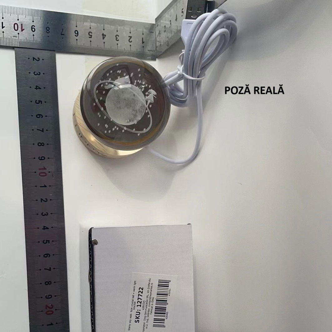 Lampa LED Decorativa, Flippy, cu Bila de Cristal cu Diametru 6cm, Model Cer Instelat 3D, Alimentare USB, Suport din Lemn, Lumina Alb Cald [10]