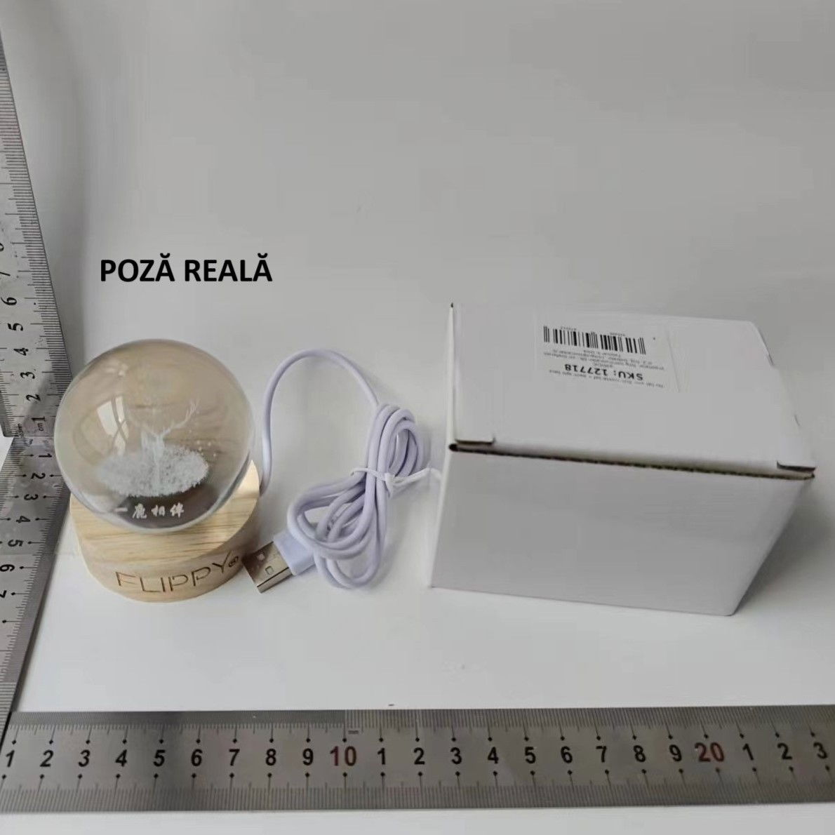 Lampa LED Decorativa, Flippy, cu Bila de Cristal cu Diametru 6cm, Model Cerb 3D, Alimentare USB, Suport din Lemn, Lumina Alb Cald [5]