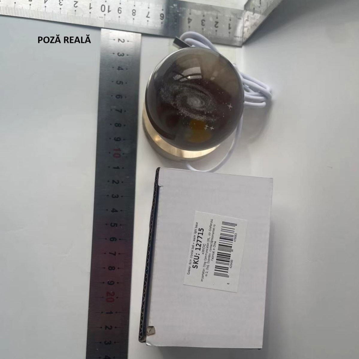 Lampa LED Decorativa, Flippy, cu Bila de Cristal cu Diametru 6cm, Model Galaxie 3D, Alimentare USB, Suport din Lemn, Lumina Alb Cald [6]