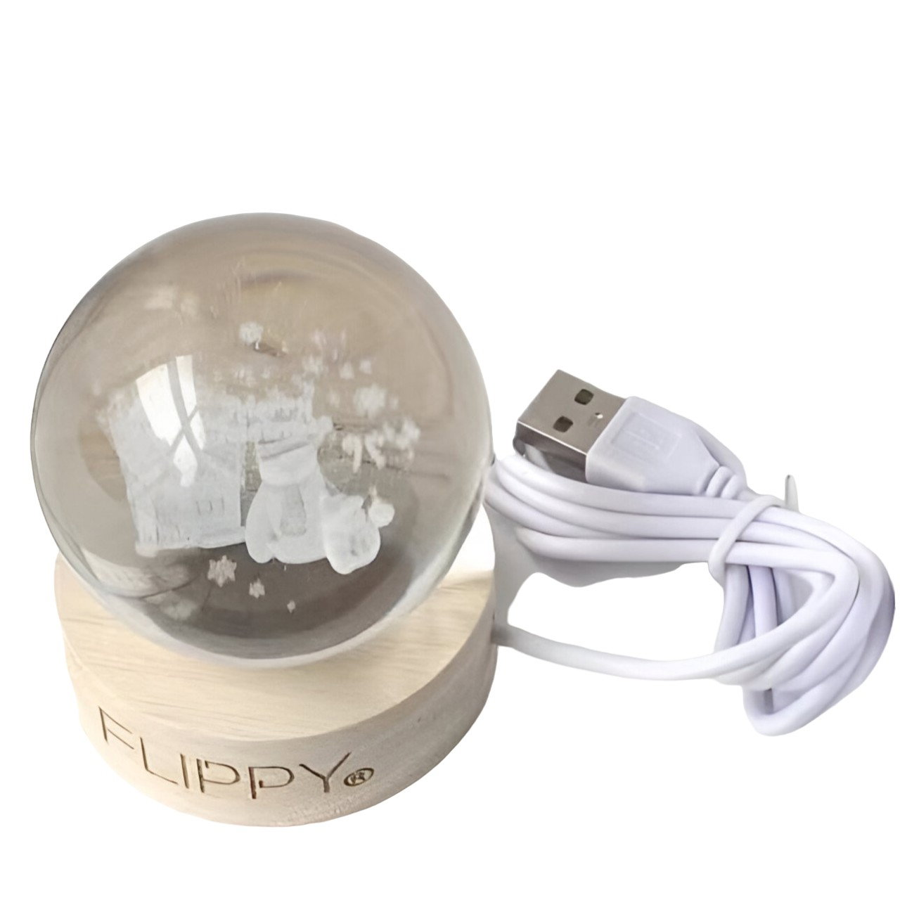 Lampa LED Decorativa, Flippy, cu Bila de Cristal cu Diametru 6cm, Model Merry Christmas 3D, Alimentare USB, Suport din Lemn, Lumina Alb Cald [1]