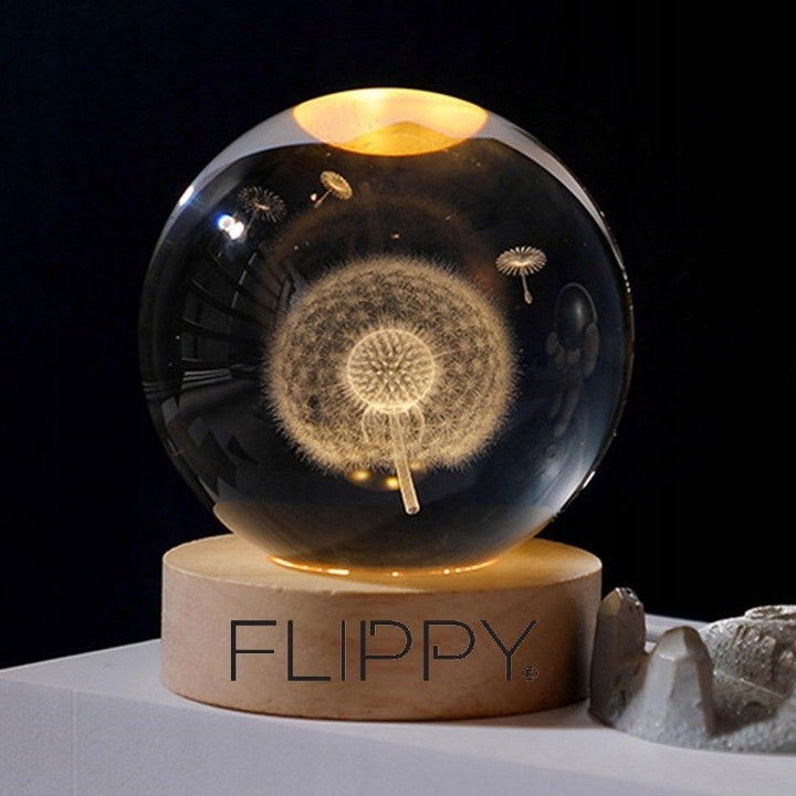 Lampa LED Decorativa, Flippy, cu Bila de Cristal cu Diametru 6cm, Model Papadie 3D, Alimentare USB, Suport din Lemn, Lumina Alb Cald [3]