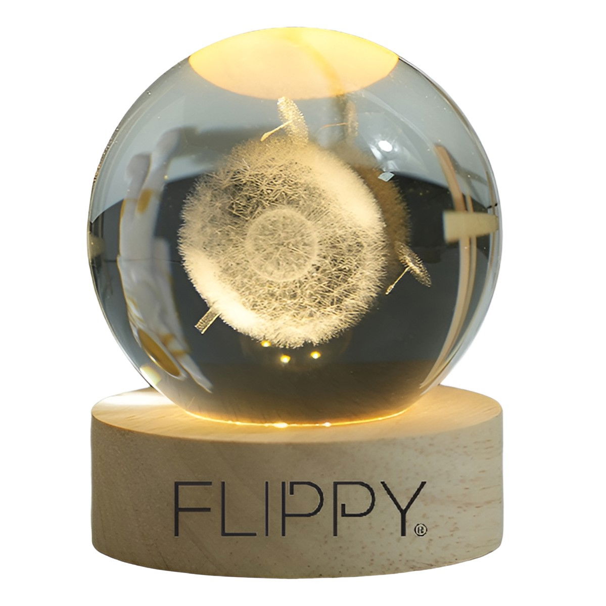 Lampa LED Decorativa, Flippy, cu Bila de Cristal cu Diametru 6cm, Model Papadie 3D, Alimentare USB, Suport din Lemn, Lumina Alb Cald [1]