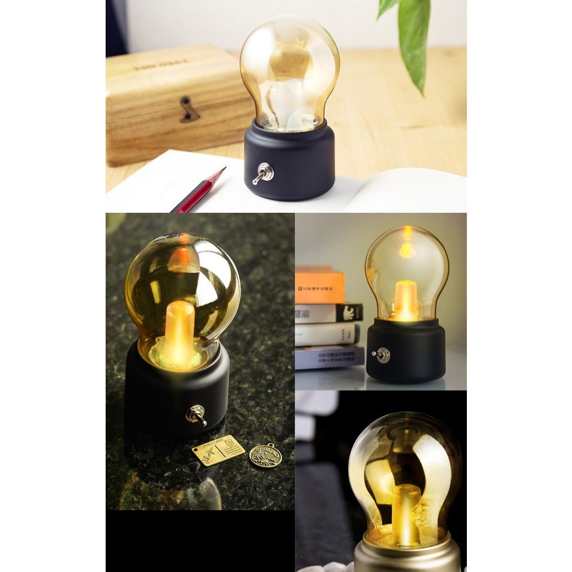 Lampa LED Decorativa sub forma de Bulb, Retro pentru interior, Negru/ Transparent, 5 V, 500 mA, ABS, Lumina Calda, Incarcare USB, Autonimie 12 Ore, Comutator Metalic, Flippy, 11x7x6 cm [7]