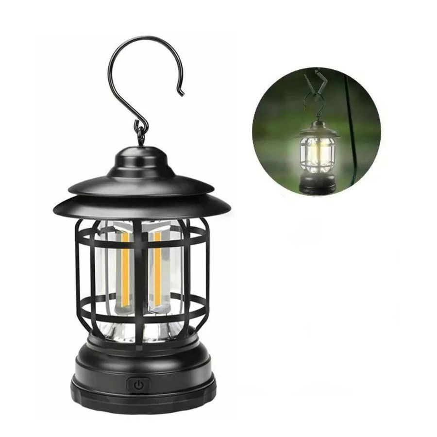 Lampa portabila camping, Felinar Vintage cu carlig, ABS, Iluminare 21 COB LED, Intensitate reglabila, 5W, Flippy, Negru [6]