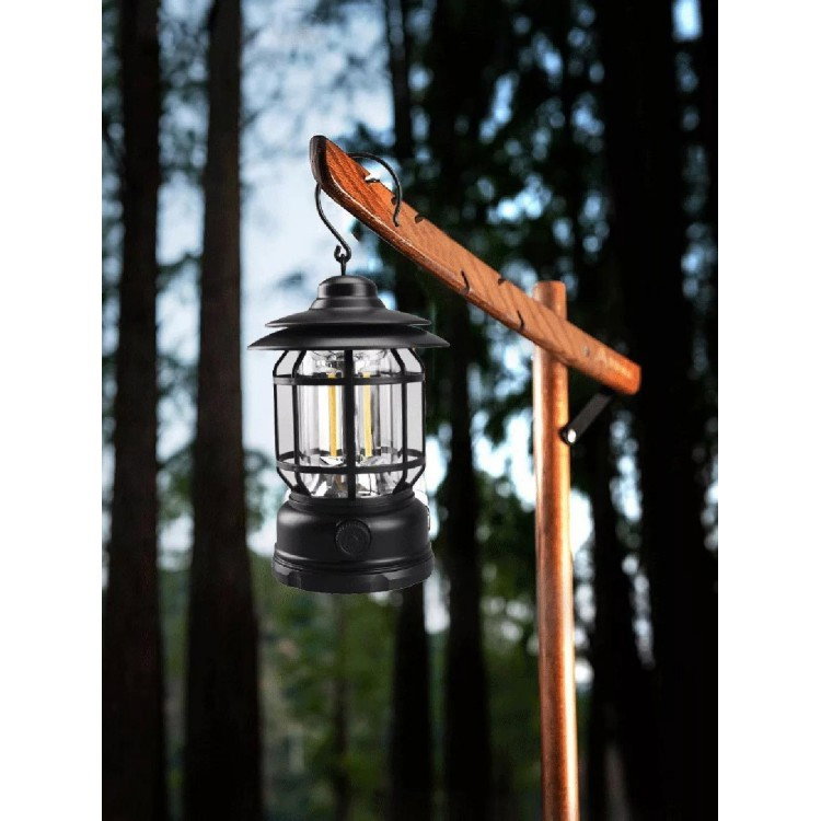 Lampa portabila camping, Felinar Vintage cu carlig, ABS, Iluminare 21 COB LED, Intensitate reglabila, 5W, Flippy, Negru [2]