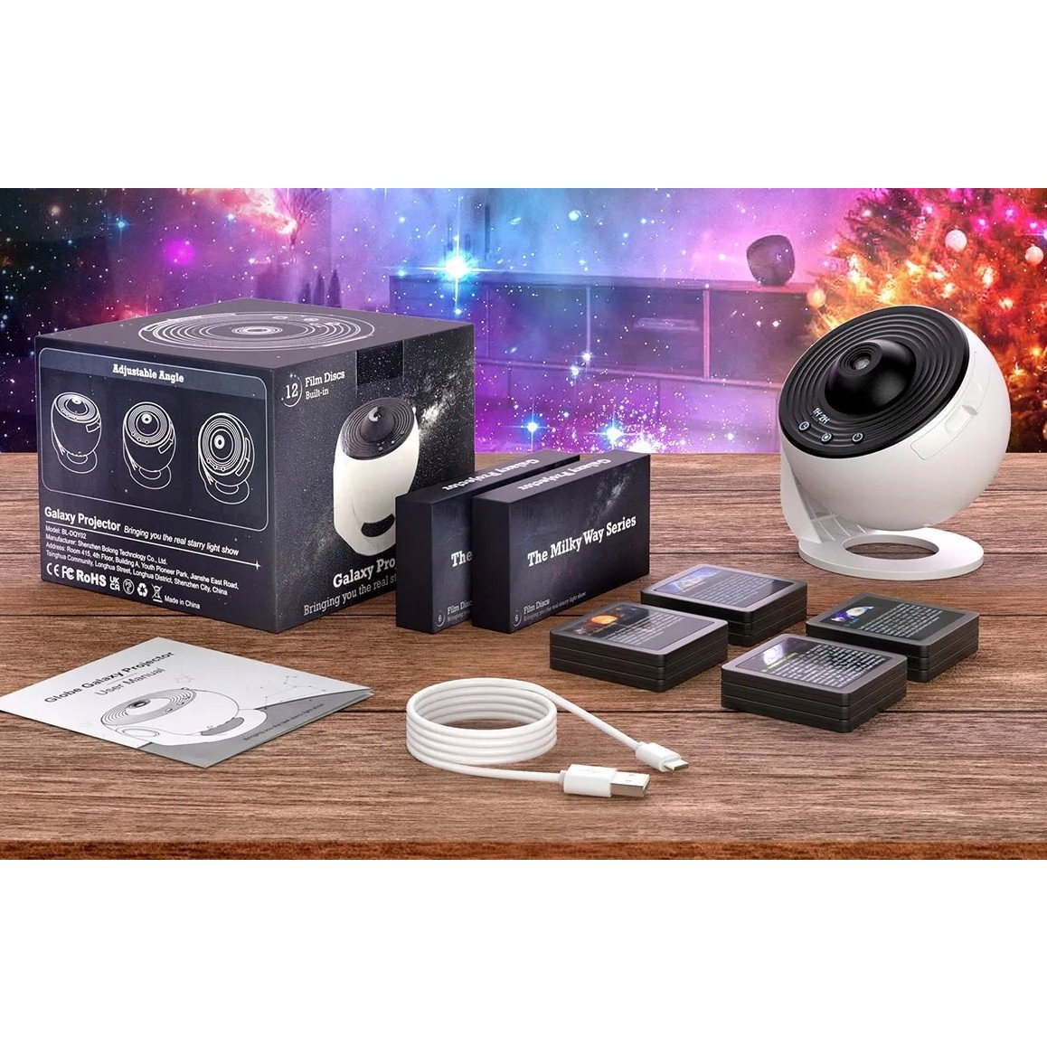 Lampa Tip Proiector Galaxie, Flippy, pentru Dormitor, Tematica Cer Instelat, Model Glob, HD, Rotire 360 de Grade, 20 de Imagini, Incarcare USB, 10 W, 15x15 cm, Alb Negru [11]