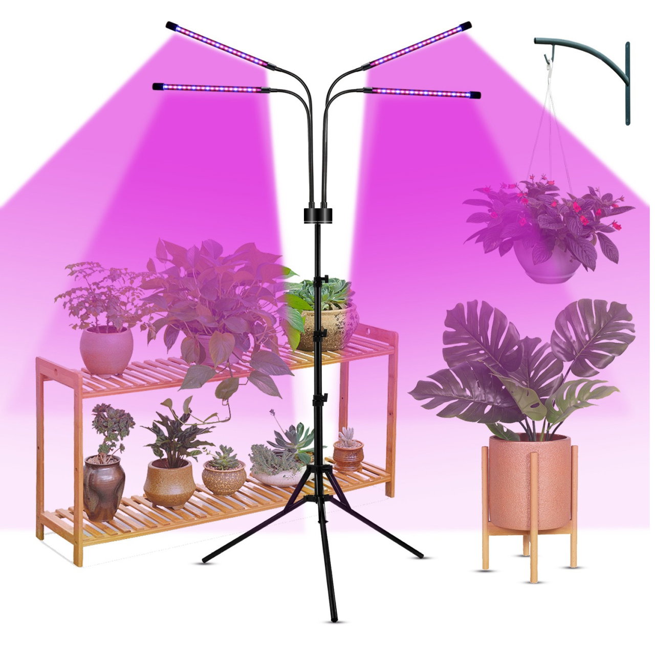 Lampa UV pentru cresterea plantelor, Flippy, 4 capete, putere 30W, 108 LED-uri Lampa cu lumina Ultra-Violet, Lampa cu Picior Ajustabil pana la 2 m, Lumina UV Mov [3]