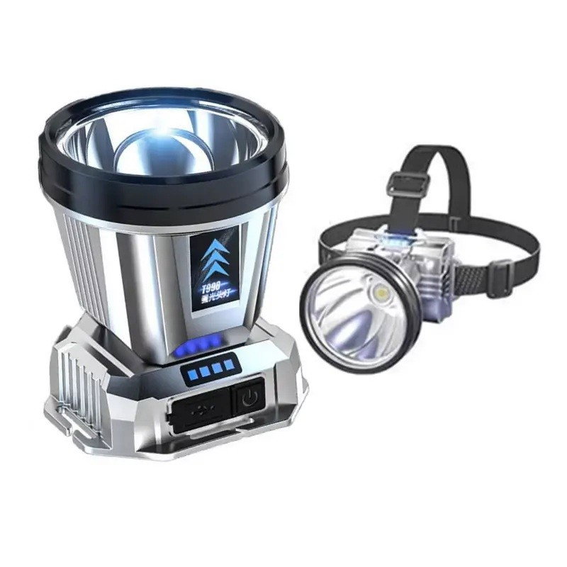 Lanterna Power Bank LED, Flippy, cu Suport pentru Cap, Incarcare USB, Raza 100-200m, 5W, 3 Trepte de Lumina, Afisaj Baterie, Argintiu [2]