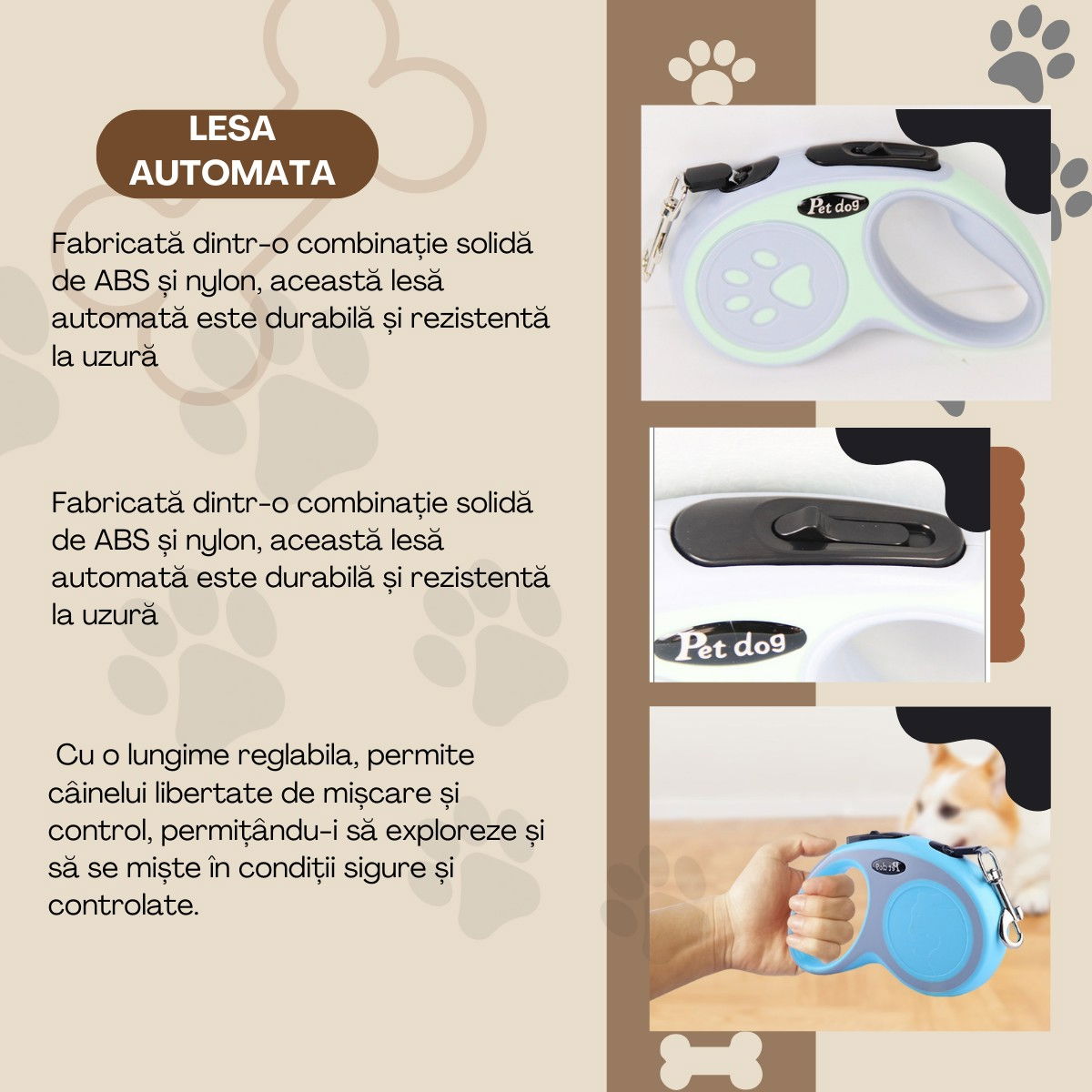 Lesa Automata Retractabila, Flippy, pentru Caini, 5 m, 20 kg, ABS, Verde/Bleu, 8x12x4 cm [2]