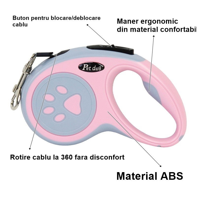 Lesa Automata Retractabila, Flippy, pentru Caini, 5m, 20 kg, ABS, Roz/Gri, 8x12x4 cm [6]