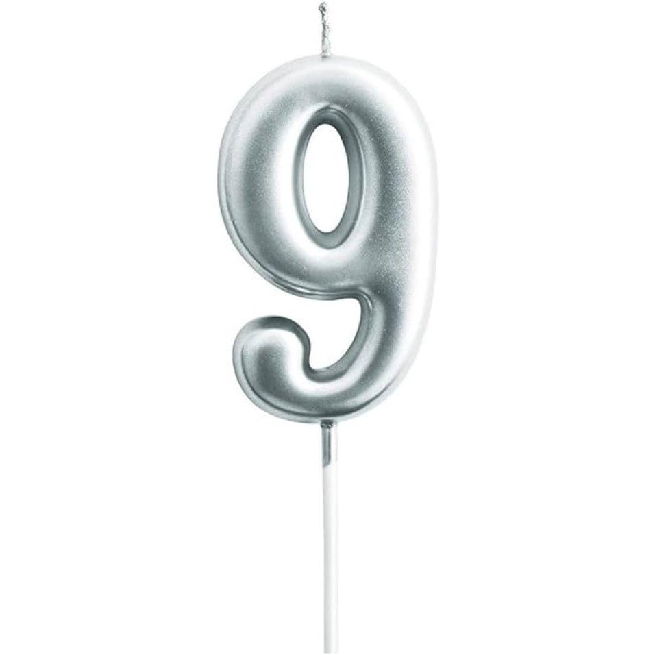 Lumanare de Tort, Flippy, Model Cifra 9, Party, 4.5 x 2.5 cm, din Parafina, Argintiu [1]