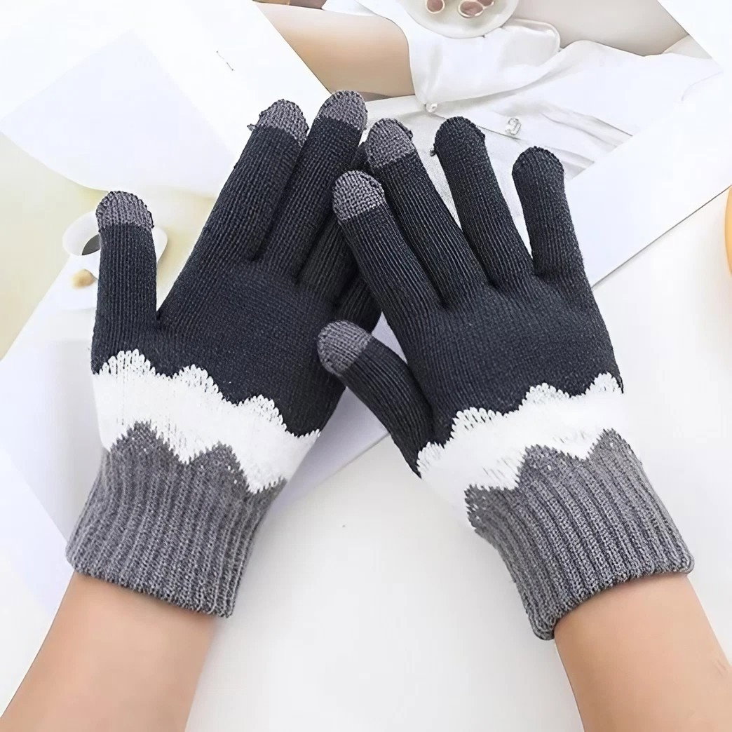 Manusi de Dama, Flippy, Model Ondulat, Functie Touchscreen (ecran tactil), Material Acril Tricotat, Manseta Elastica, Interior Catifelat, Marime Universala, Gri/Alb [4]