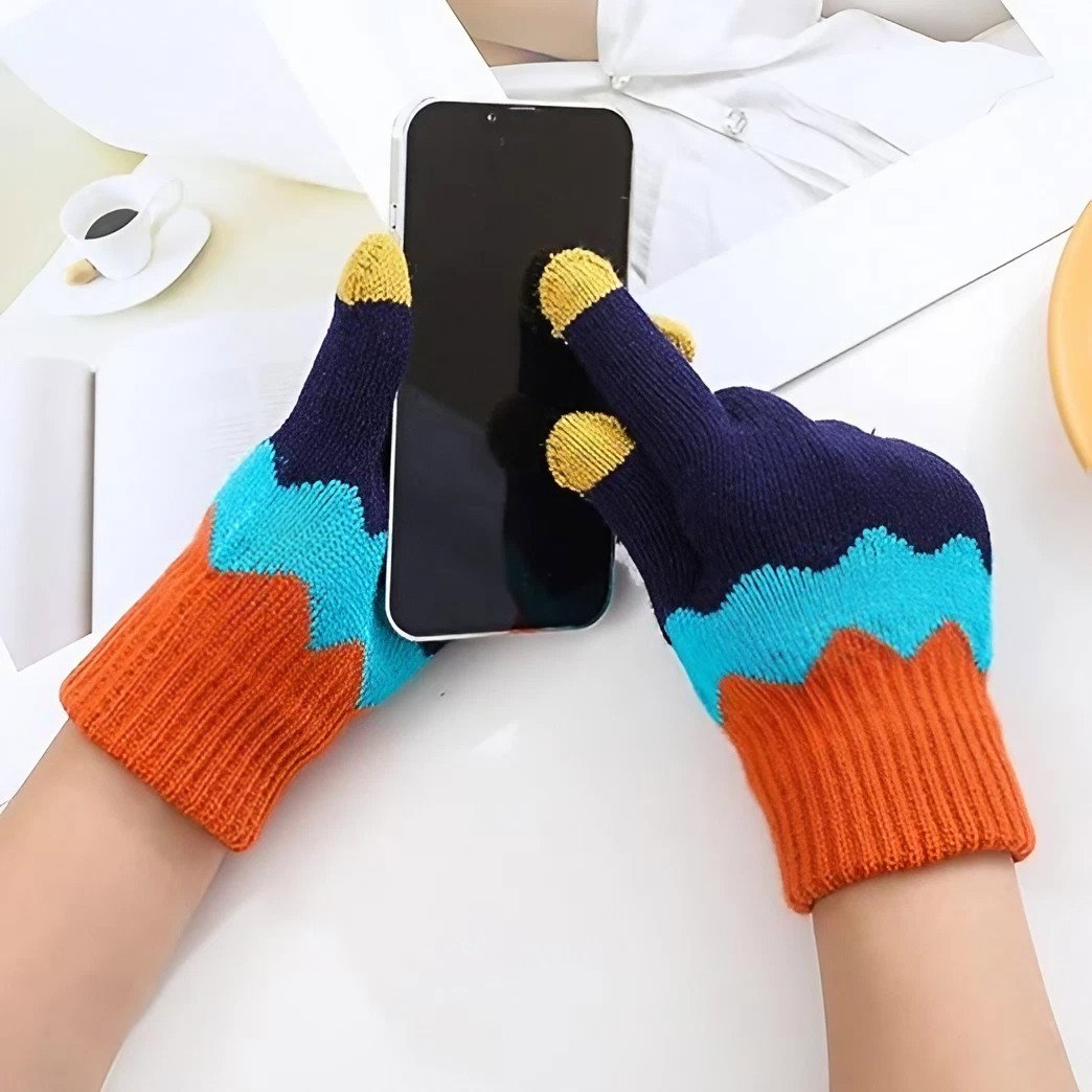 Manusi de Dama, Flippy, Model Ondulat, Functie Touchscreen (ecran tactil), Material Acril Tricotat, Manseta Elastica, Interior Catifelat, Marime Universala, Portocaliu/Albastru [9]