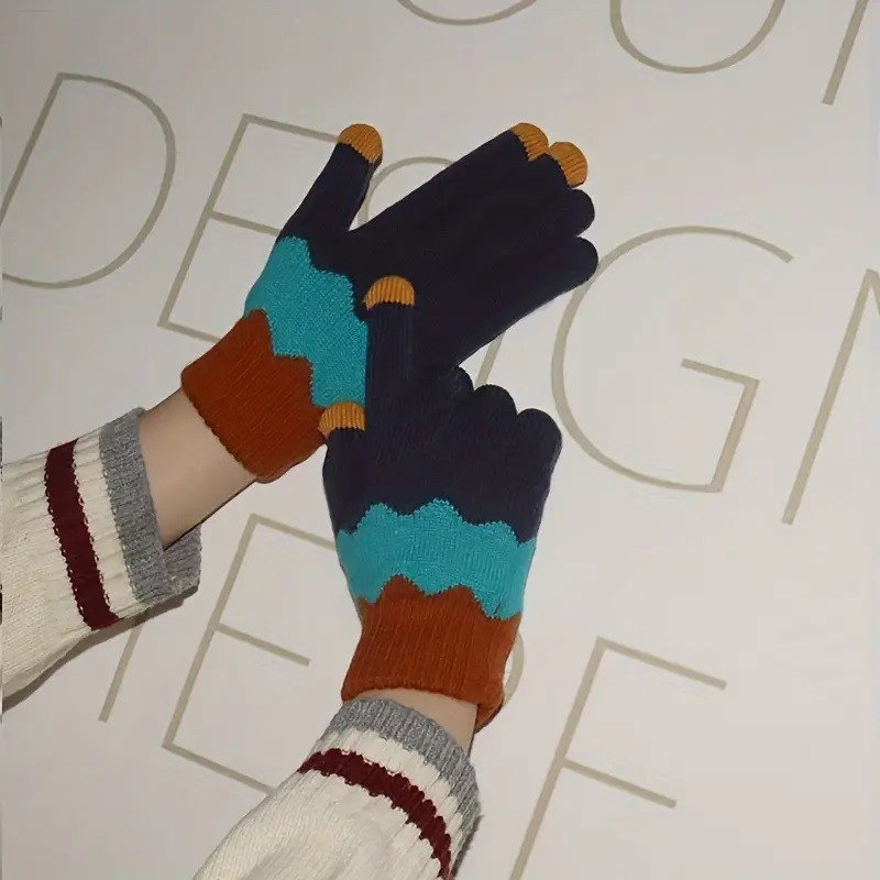 Manusi de Dama, Flippy, Model Ondulat, Functie Touchscreen (ecran tactil), Material Acril Tricotat, Manseta Elastica, Interior Catifelat, Marime Universala, Portocaliu/Albastru [3]