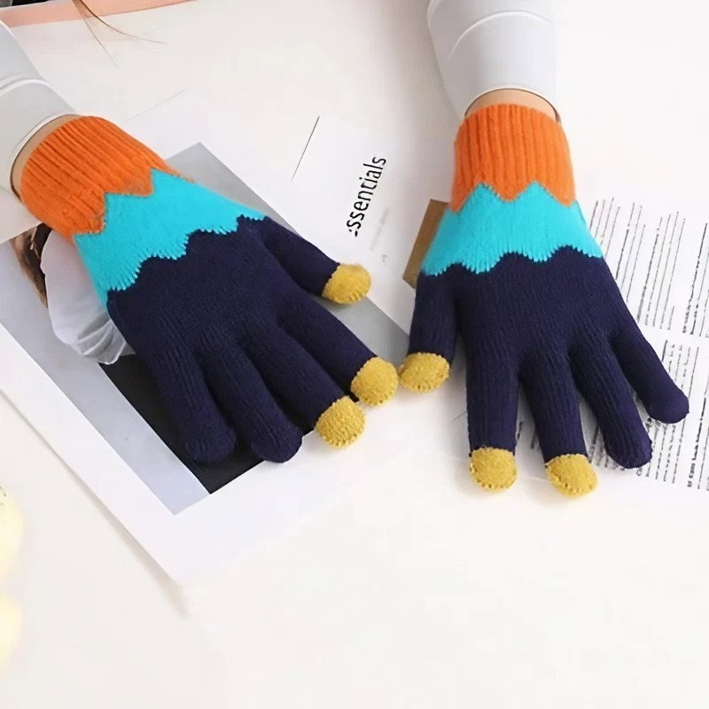 Manusi de Dama, Flippy, Model Ondulat, Functie Touchscreen (ecran tactil), Material Acril Tricotat, Manseta Elastica, Interior Catifelat, Marime Universala, Portocaliu/Albastru [10]