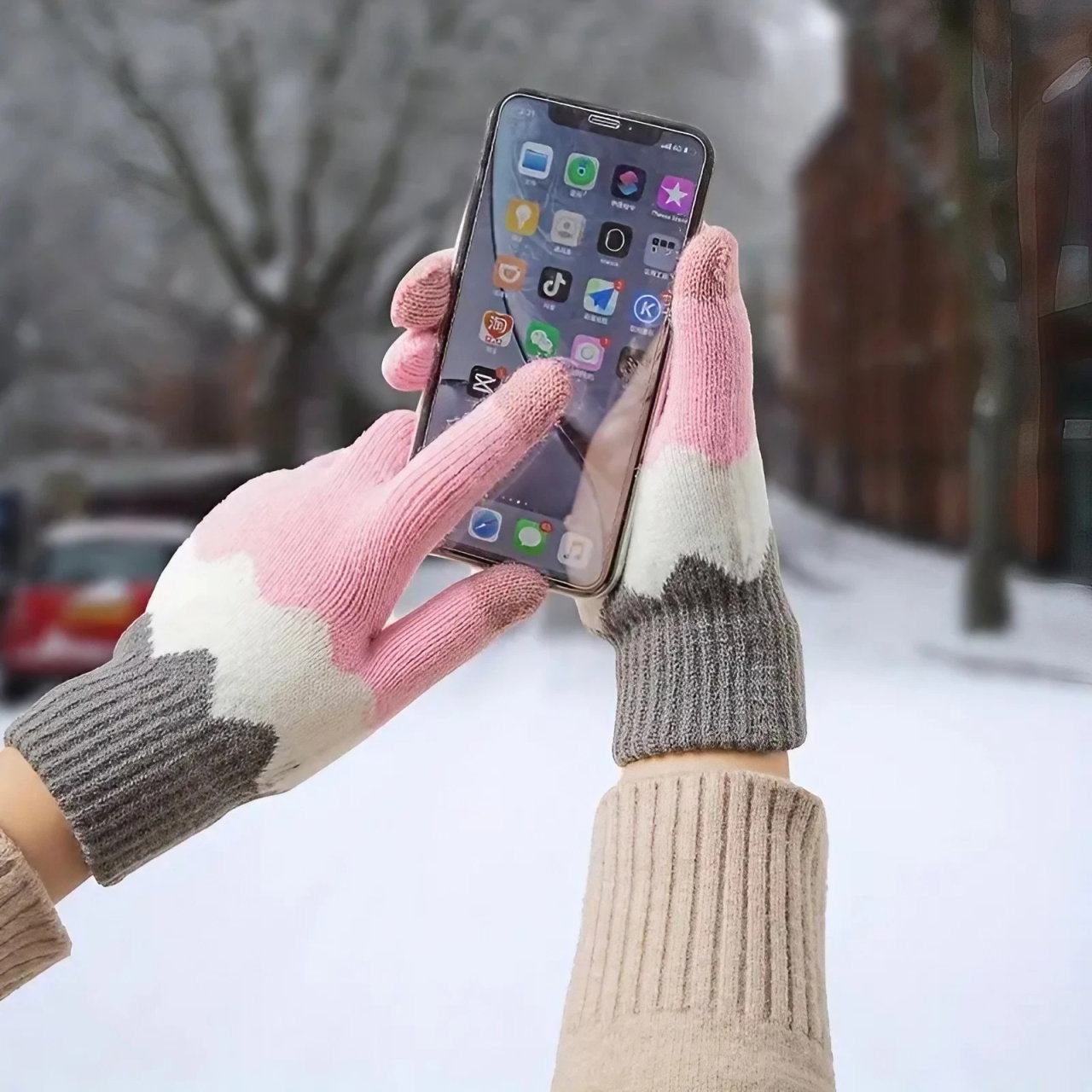 Manusi de Dama, Flippy, Model Ondulat, Functie Touchscreen (ecran tactil), Material Acril Tricotat, Manseta Elastica, Interior Catifelat, Marime Universala, Roz/Gri [5]