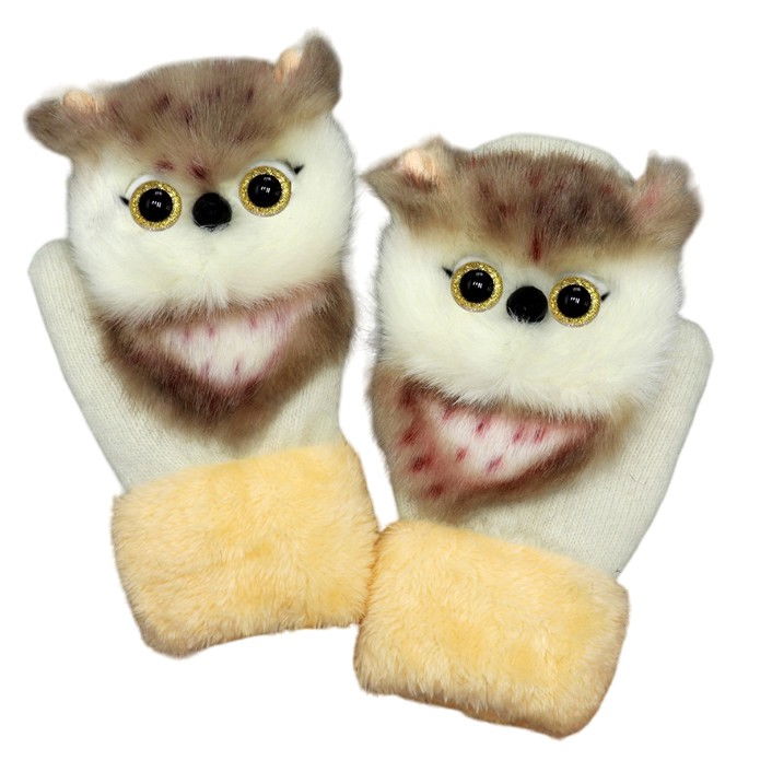 Manusi de Plus pentru Copii, Flippy, de Iarna, Groase, Moi, Calduroase, Model Animat Bufnita Alba [1]