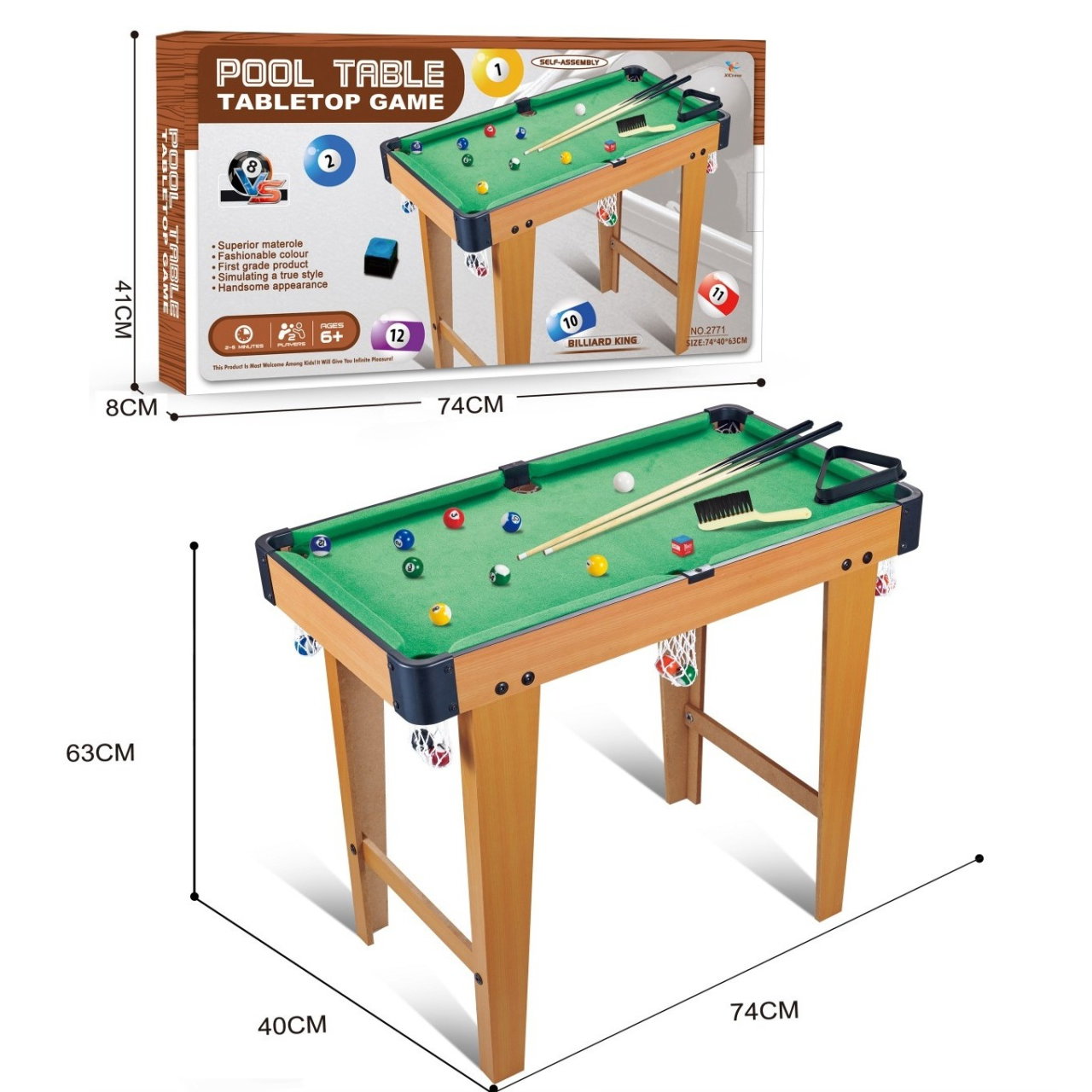 Masa de Biliard, Flippy, cu Picioare, +6 Ani, 74 x 63 x 40 cm, din Lemn/ABS, Maro/Verde [4]