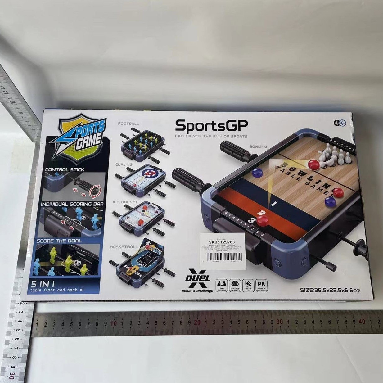 Masa de Joc 5in1 Flippy, cu Teren Schimbabil de Fotbal, Basket, Bowling, Curling si Hockey, cu Tablou Scor, din ABS, 36.5x22.5x6.6 cm, Design Multicolor, pentru Copii/ Adulti [3]