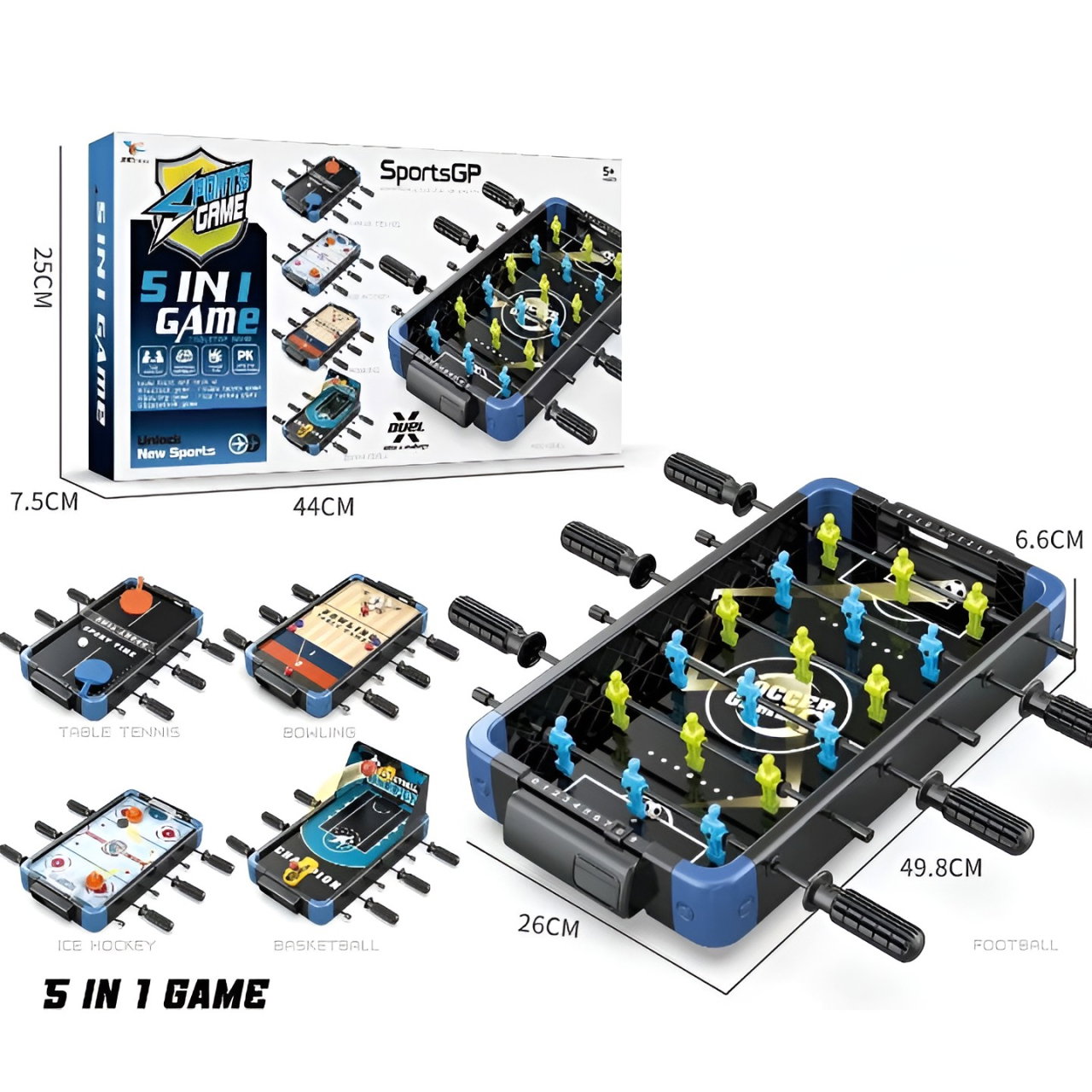 Masa de Joc 5in1 Flippy, cu Teren Schimbabil de Fotbal, Basket, Bowling, Curling si Hockey, cu Tablou Scor, din ABS, 49.8x26x6.6 cm, Design Multicolor, pentru Copii/ Adulti [2]