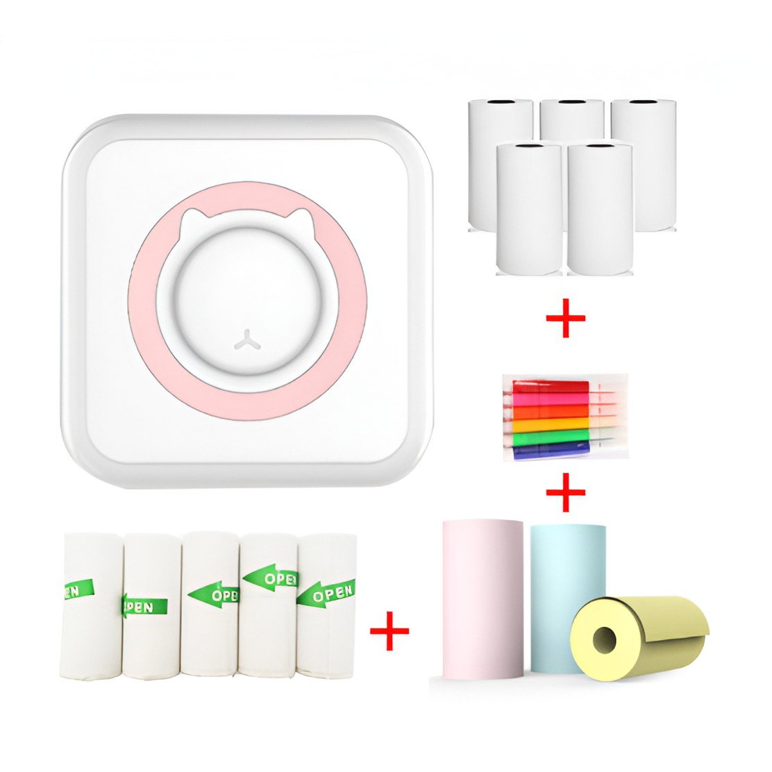 Mini Imprimanta Foto Portabila, Flippy, 5 Role de Hartie Termica, 5 Role Autocolante, 3 Role Colorate, Pixuri, Incarcare USB, Model Pisica, Alb Roz [4]