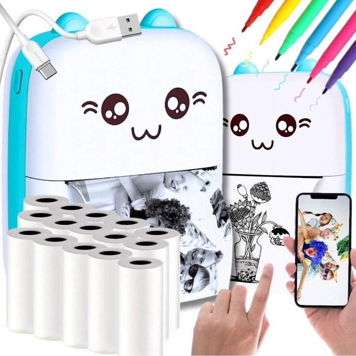 Mini Imprimanta Foto Portabila, Flippy, Incarcare USB, Bluetooth, Model Ursulet, 12 x 9 x 5 cm, Alb Albastru [6]