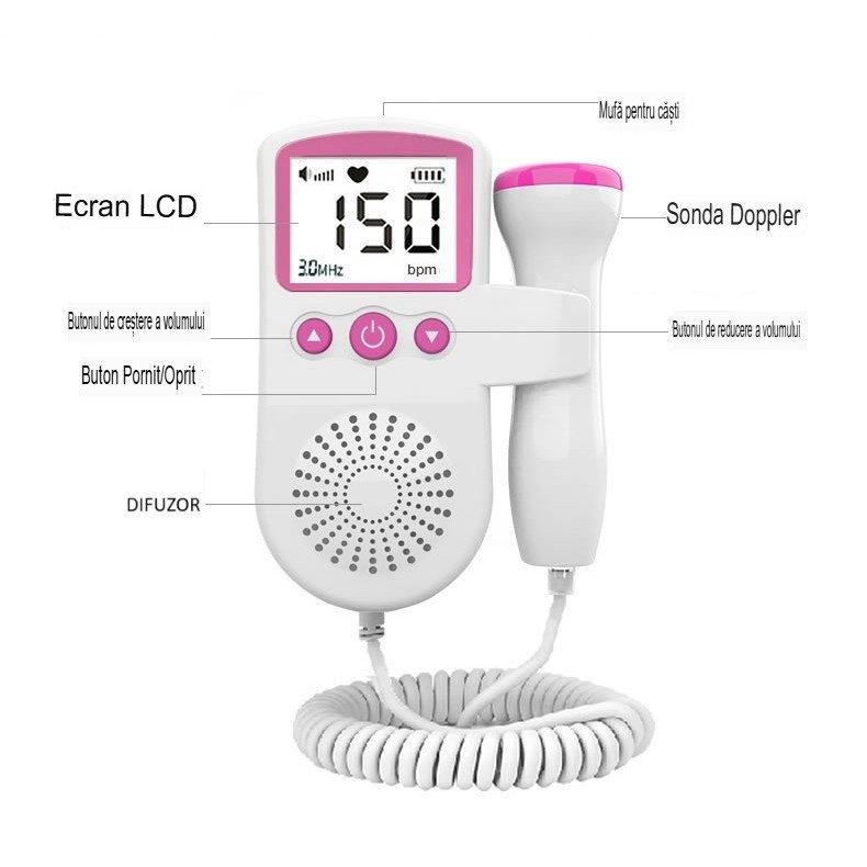 Monitor Fetal Doppler, Flippy, Monitorizare Sarcina, Ritm Cardiac, Ecran LCD 4.5 cm, 2 x Baterii AA (neincluse), Portabil, din ABS, 12.8 x 9.6 x 3 cm, Utilizare de la 9 Saptamani, Roz [4]