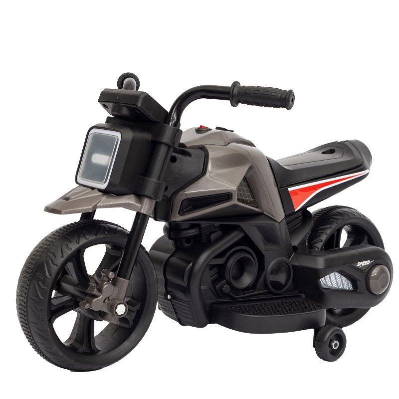 Motocicleta Electrica cu 2 Roti Mari si 2 Roti Ajutatoare, Flippy, Acumulator Incarcare, Anti-Rasturnare, Lumini, Muzica, Motor:380, Baterie 6V4.5, 41.5x70x34 cm, 4.5 Kg, 3 Ani+, Gri Negru [1]