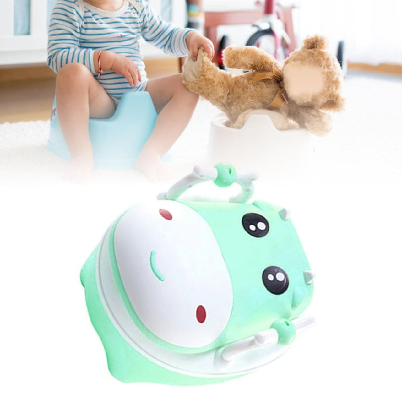 Olita pentru Copii, Flippy, +1an, Portabila, Design Vacuta cu Capac, Model Prietenos, Non-Toxic, cu Manere, Compartiment Detasabil, Perie Inclusa, Usor de Curatat, Verde [5]