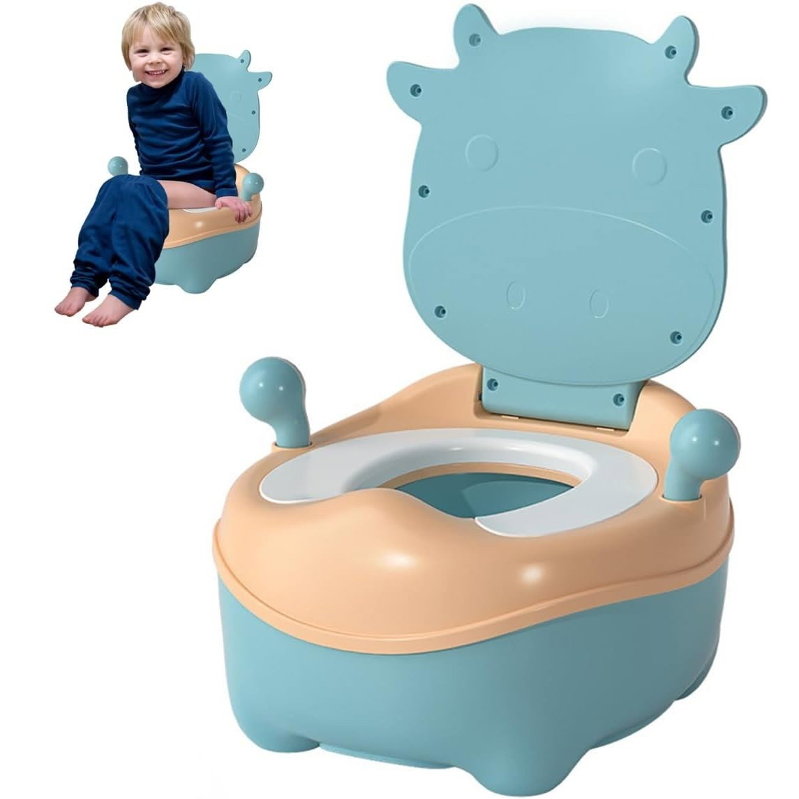 Olita pentru Copii, Flippy, +1an, Portabila, Model Vacuta, cu Capac, Prietenoasa, Non-Toxic, Compartiment Detasabil, cu Manere, cu 4 Picioare, Usor de Curatat, Albastru [4]