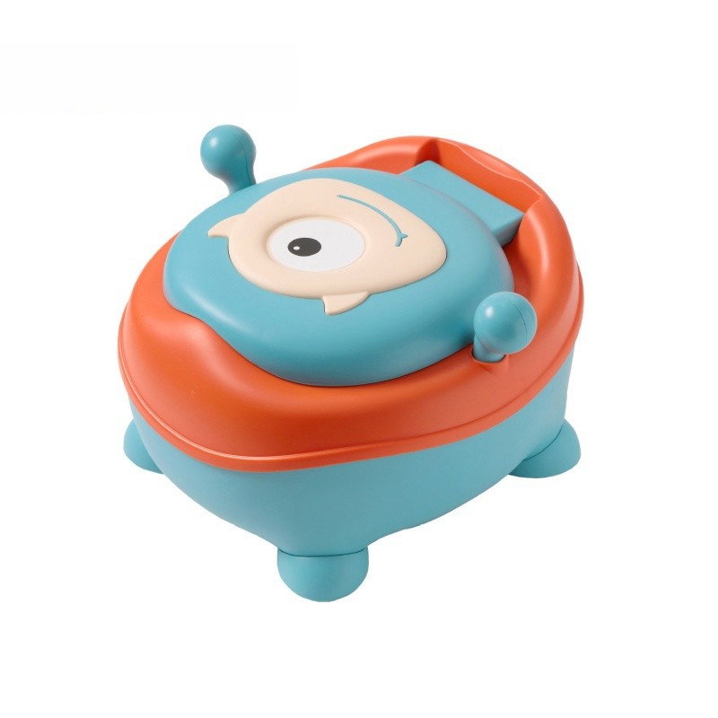 Olita pentru Copii, Flippy, +6 luni, Compartiment Detasabil, cu Capac, Antiderapanta, din Plastic, Colac Moale, Model Animat Ciclop, cu Maner, 33 x 21 x 45 cm, Albastru/Portocaliu [4]