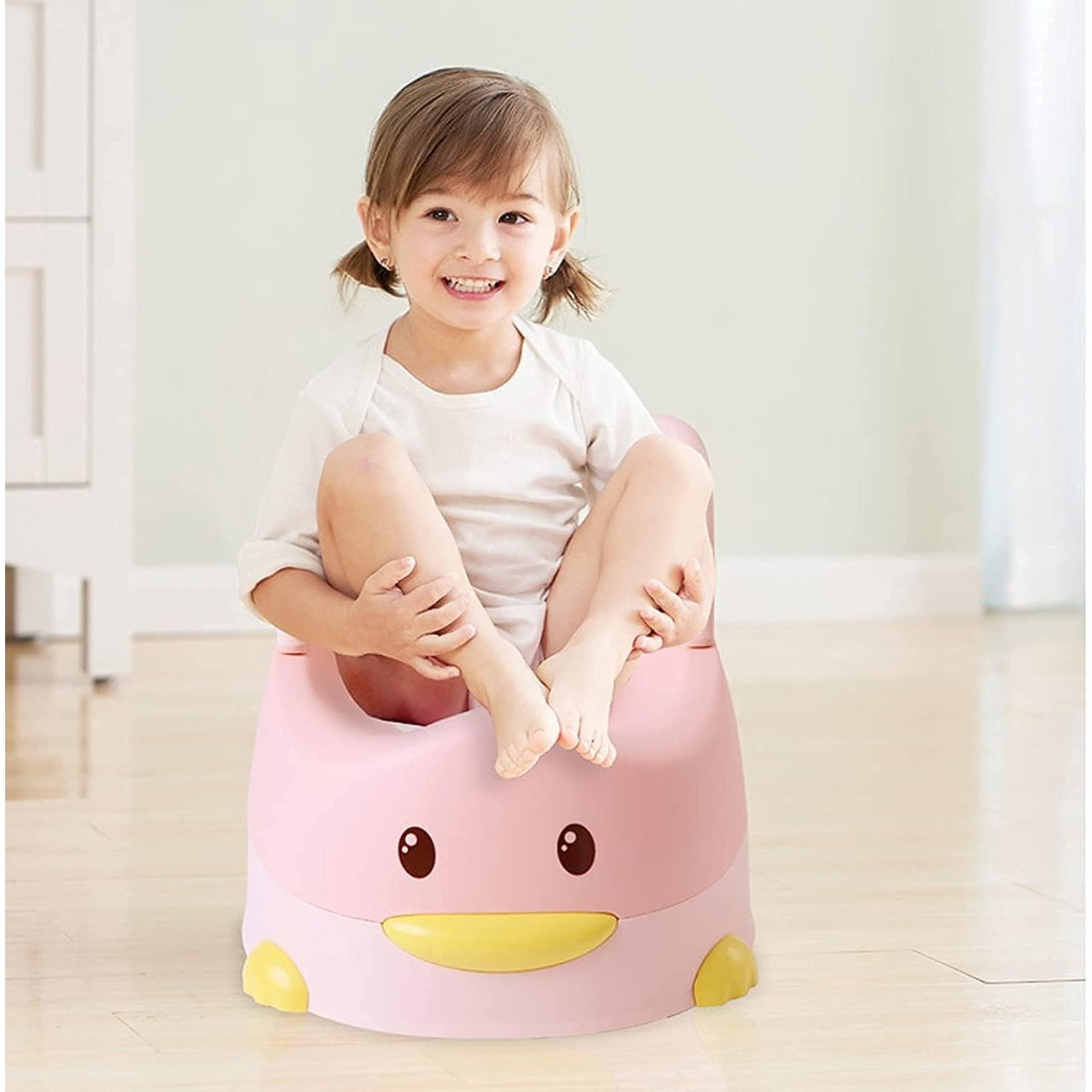 Olita pentru Copii, Flippy, +6 luni, Detasabila, cu Capac, Antiderapanta, din Plastic, Colac Moale, Model Ratusca, 38x32x30 cm. Roz [3]