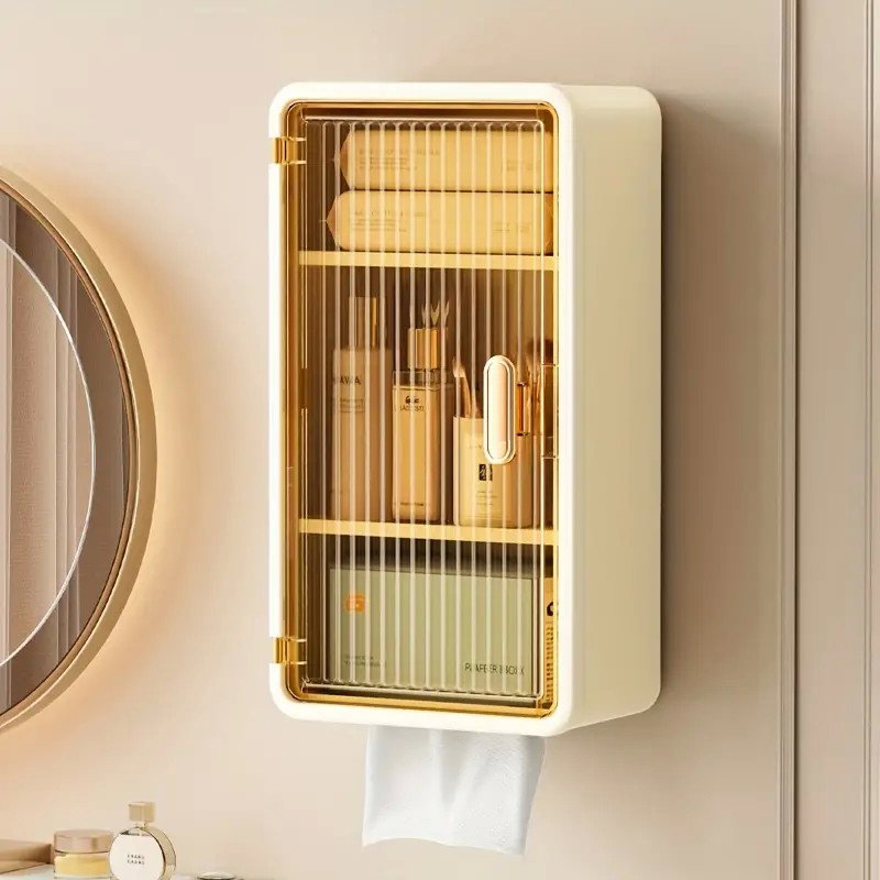 Organizator Cosmetice, Flippy, Montare pe Perete fara Perforare, 36.5x10.9x20 cm, cu 3 Rafturi, din PP si ABS, Bej, Usa Transparenta [4]