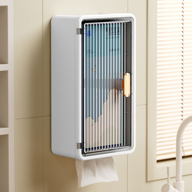 Organizator Cosmetice, Flippy, Montare pe Perete fara Perforare, 36.5x10.9x20 cm, din PP si ABS, Alb-Negru, Usa Transparenta [4]