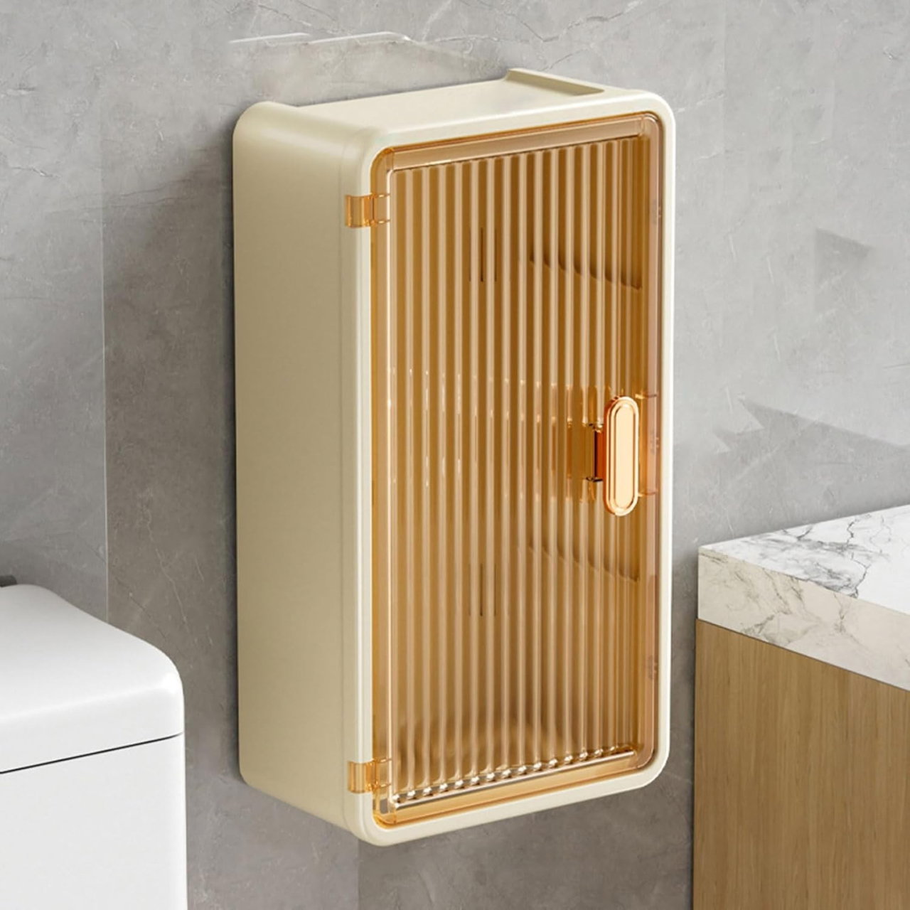 Organizator Cosmetice, Flippy, Montare pe Perete fara Perforare, 36.5x10.9x20 cm, din PP si ABS, Bej, Usa Transparenta [6]