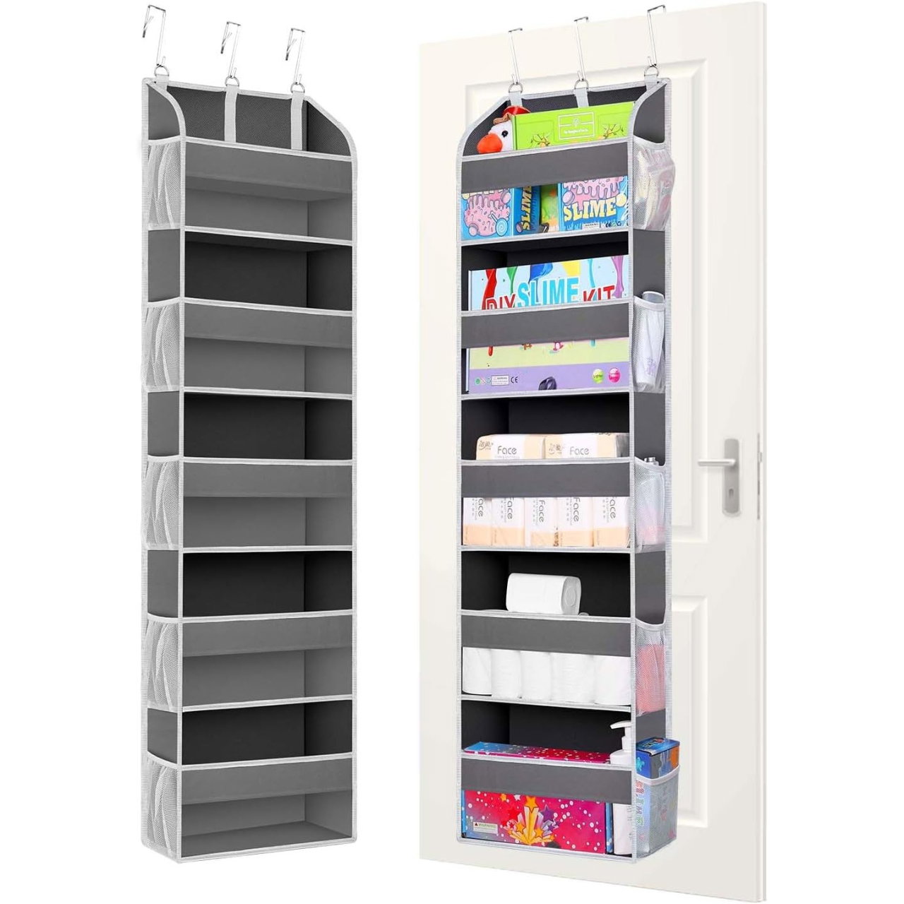 Organizator Suspendat pentru Usi, Flippy, din Nailon si Plasa, Baza de Carton Ingrosat, 5 Buzunare Principale + 10 Buzunare Laterale, 140 x 39 x 17 cm, 3 Carlige Incluse, Gri [4]