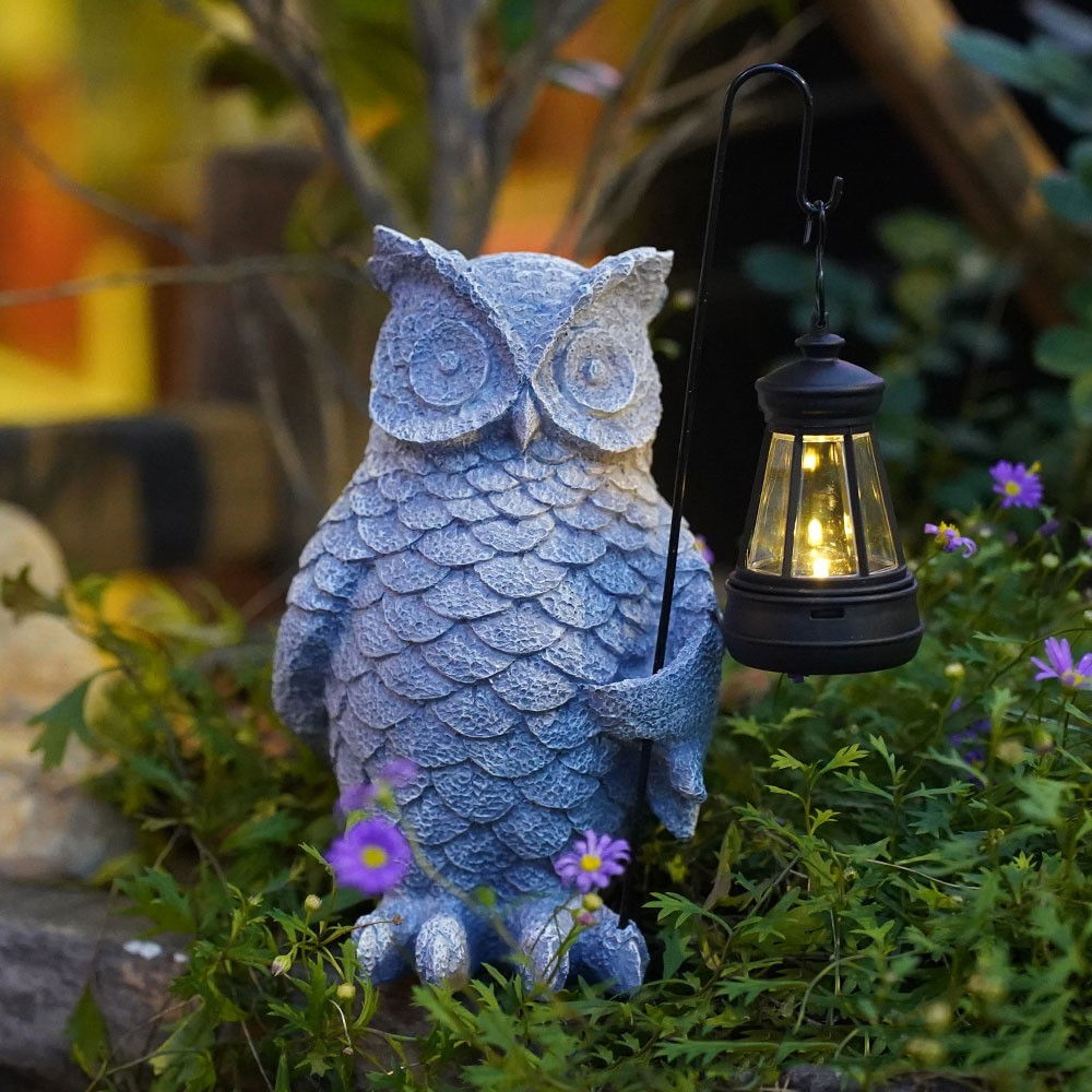 Ornament de Decor pentru Gradina cu LED, Flippy, Model Bufnita cu Felinar, Decoratiune Exterioara pentru Casa si Gradina, din Rasina, 21.5x15 cm, Gri [3]