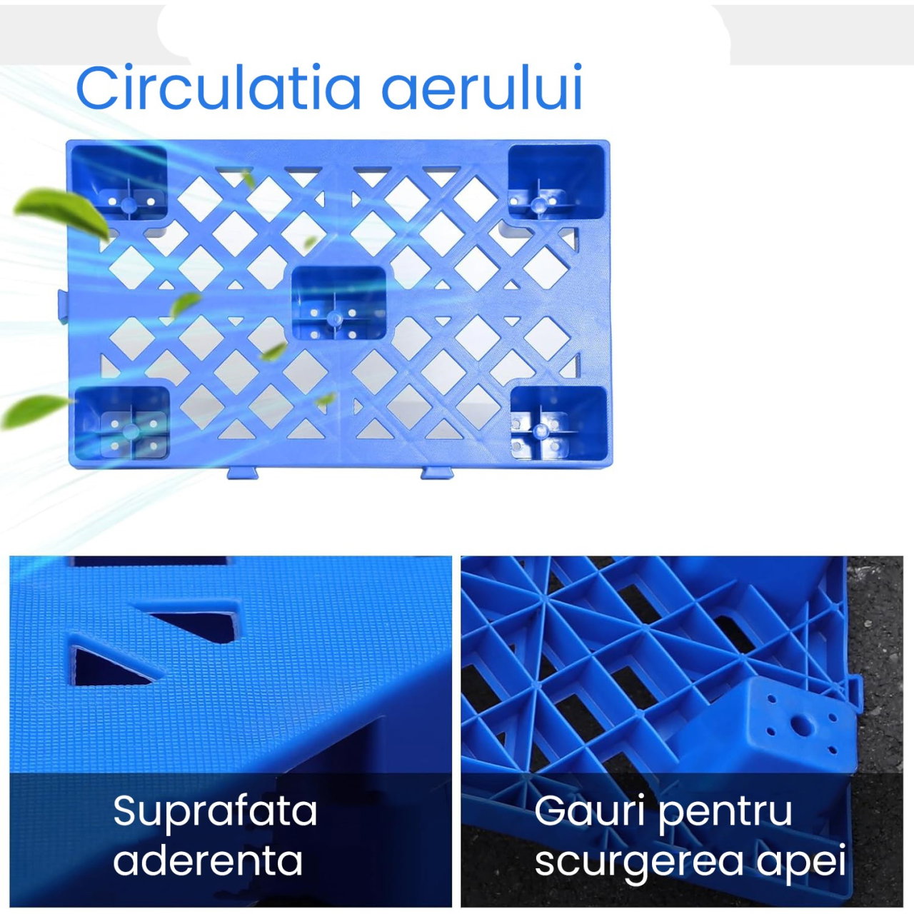 Palet de Transport, Flippy, 40 x 40 x 10 cm, din Plastic durabil, Palet pentru Stivuitor in Depozit, Rezistent la Umiditate, Grila Ingrosata, 5 Picioare, Albastru  [6]