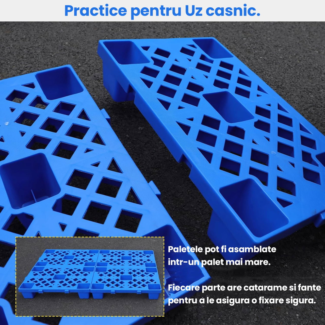 Palet de Transport, Flippy, 40 x 40 x 10 cm, din Plastic durabil, Palet pentru Stivuitor in Depozit, Rezistent la Umiditate, Grila Ingrosata, 5 Picioare, Albastru  [3]