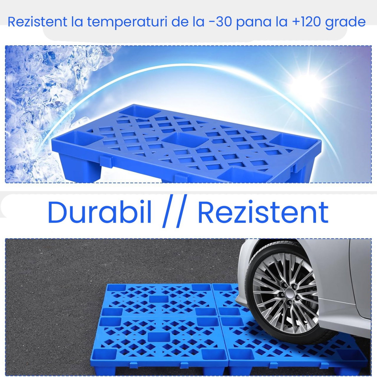 Palet de Transport, Flippy, 60 x 40 x 10 cm, din Plastic durabil, Palet pentru Stivuitor in Depozit, Rezistent la Umiditate, Grila Ingrosata, 5 Picioare, Albastru  [5]