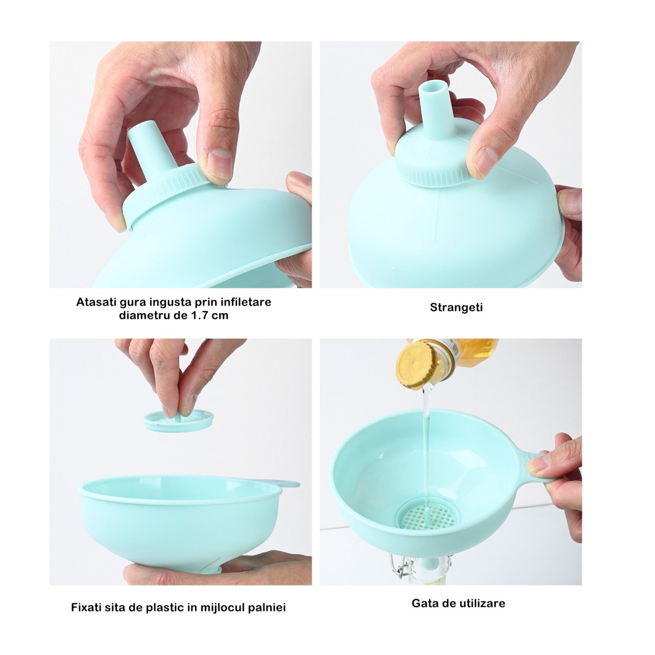 Palnie din plastic 3 in 1 Flippy, doua dimensiuni de scurgere, cu filet si filtru, diametru scurgere 5.4 cm, 11.5 x 16.7 cm, albastru [3]