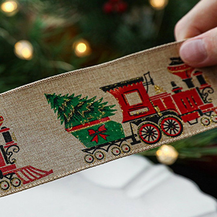 Panglica de Craciun pentru Decor Brad, Flippy, Panglica Decorativa de Craciun pentru Funde, Imprimeu Trenulet, 200 x 6.3 m, Khaki [4]