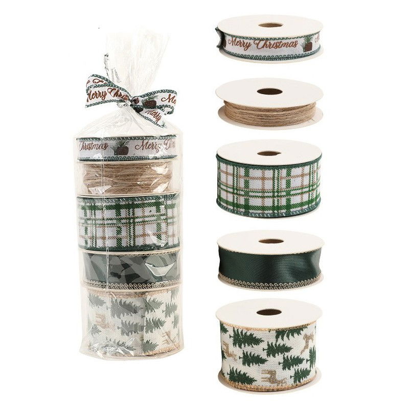 Panglica Decorativa cu Tematica de Craciun, Flippy, Set din 4 bucat + 1 Rulon Ata Maro, Panglica pentru Cadou de Craciun Brad si Decor, 2 M per bucata, Model Brad, Alb Verde [1]