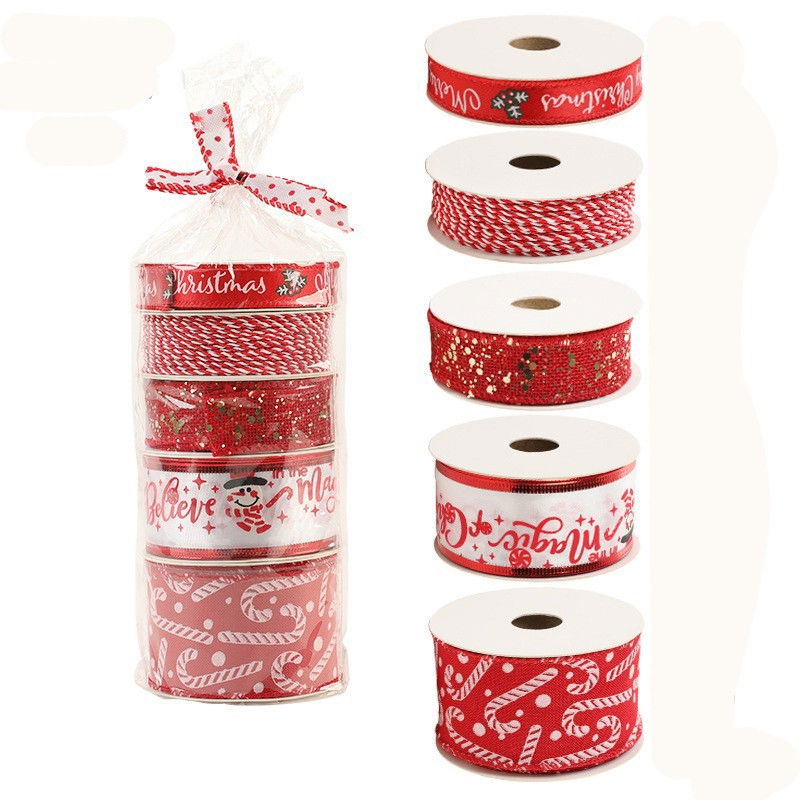 Panglica Decorativa cu Tematica de Craciun, Flippy, Set din 4 bucat + 1 Rulon Ata Rosie Alba, Panglica pentru Cadou de Craciun Brad si Decor, 2 M per bucata, Model Acadele, Rosu [1]