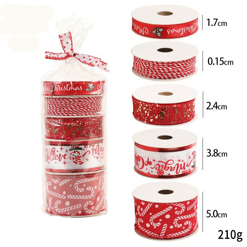 Panglica Decorativa cu Tematica de Craciun, Flippy, Set din 4 bucat + 1 Rulon Ata Rosie Alba, Panglica pentru Cadou de Craciun Brad si Decor, 2 M per bucata, Model Acadele, Rosu [2]