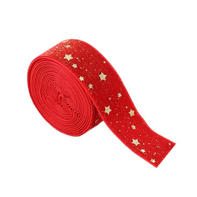 Panglica Decorativa de Craciun, Flippy, Panglica din Panza cu aspec de Catifea, Funda Ornament, Model cu Stele Aurii, Decor pentru Brad de Craciun, 200 x 2.5 cm, Rosu [1]