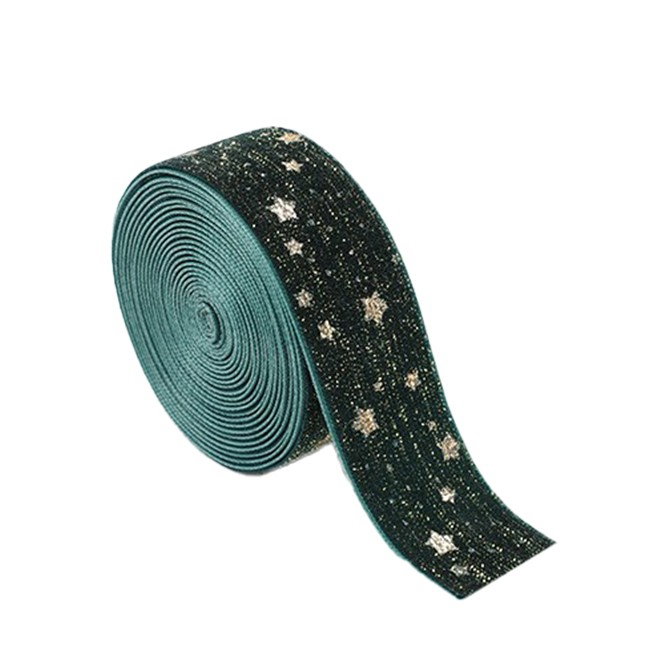 Panglica Decorativa de Craciun, Flippy, Panglica din Panza cu aspec de Catifea, Funda Ornament, Model cu Stele Aurii, Decor pentru Brad de Craciun, 200 x 2.5 cm, Verde [1]